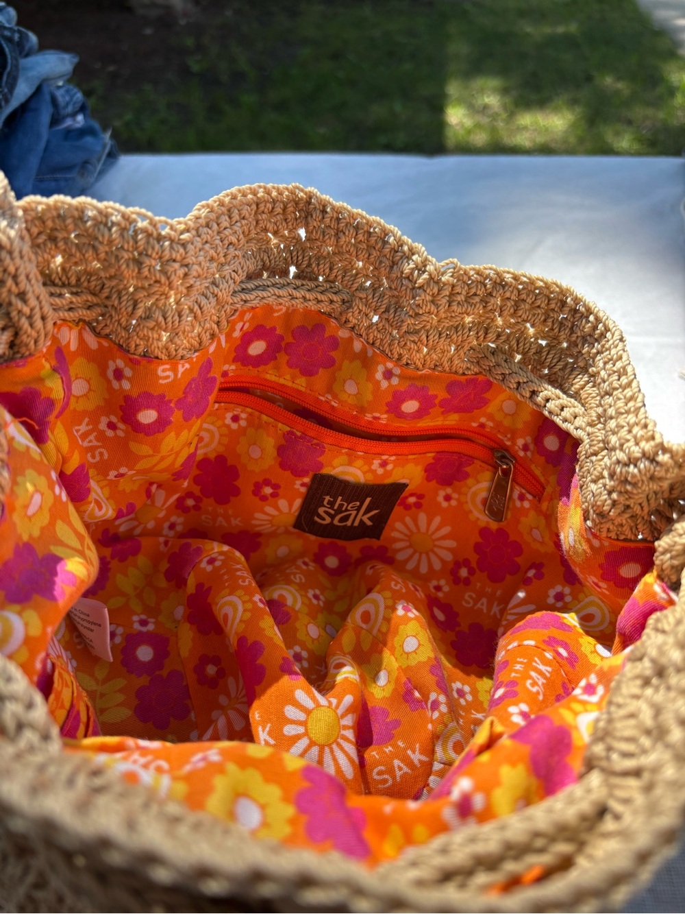 The Sak Crochet Tote with Orange, Pink & Yellow Floral Lining